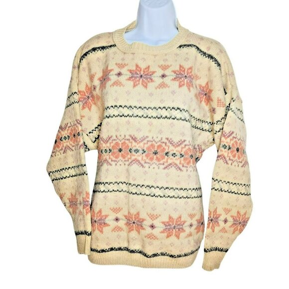 Eddie Bauer Wool Chunky Fair Isle Sweater Beige Made in USA - Picture 1 of 6